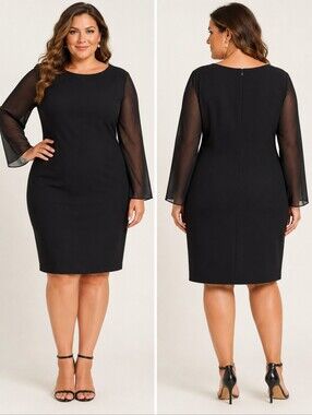 Carole Little Black Sheath Dress Plus Size 22W Sheer Long Sleeve Knee Length EUC